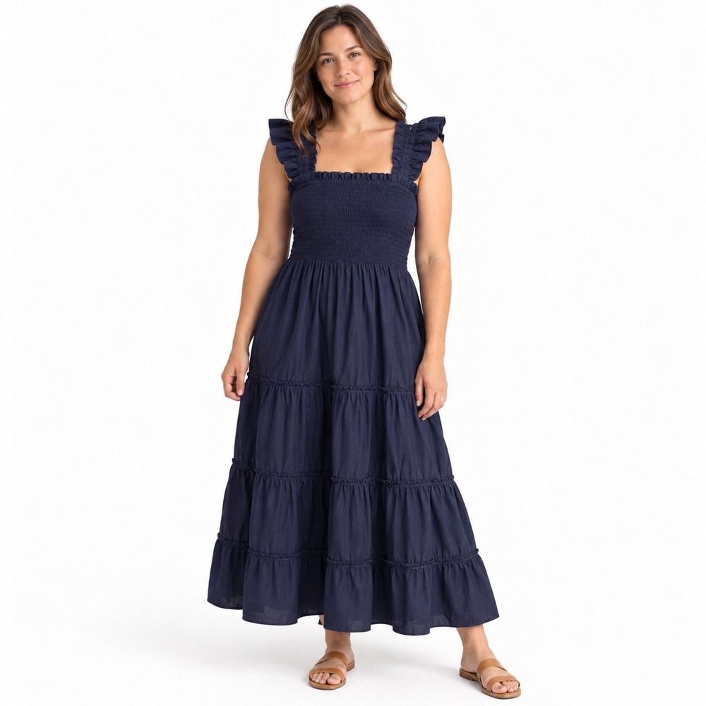Quince Navy Smocked Ruffle Strap Tiered Maxi Dress L